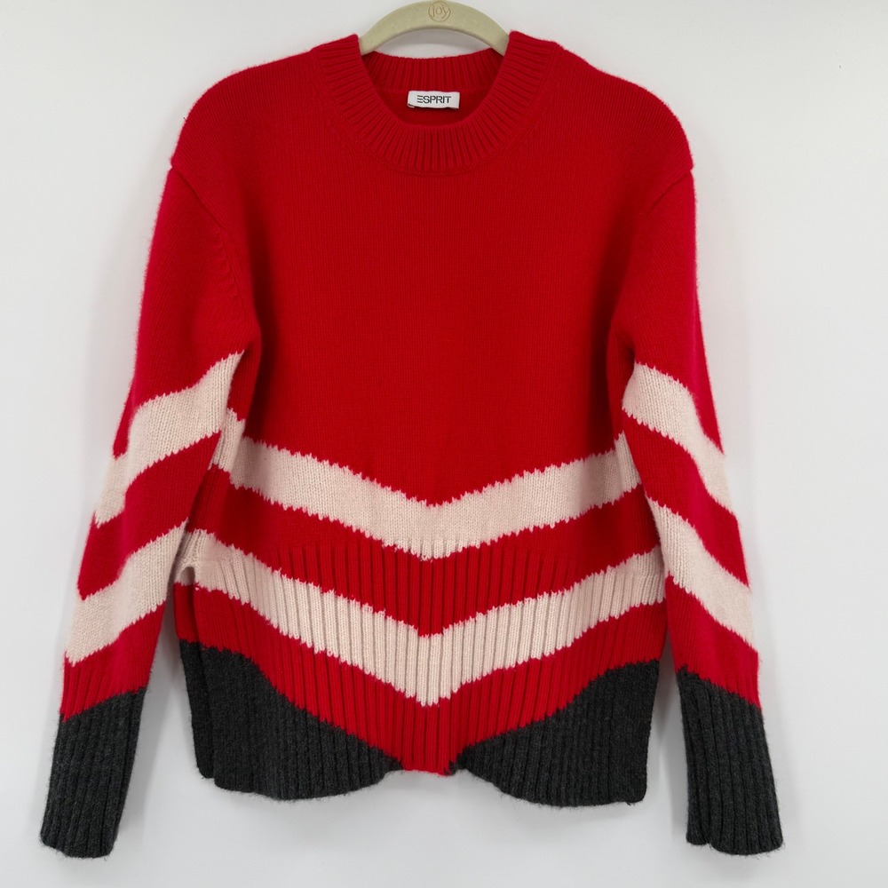 Wool Cashmere Blend Esprit Red Chevron Colorblock Crewneck Sweater Womens Small